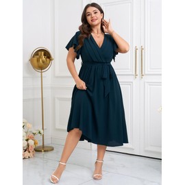 SHESTARR Womens Plus Size Dress Wedding Guest Cocktail Pleated V Neck Wrap V Neck Flowy A Line Midi Dresses with Belt Lake Blue