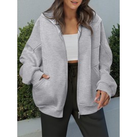 ANRABESS Women's Oversized Full Zip Up Sweatshirts Jacket 2024 Fall Fleece Long Sleeve Hoodies Outfit Gray Medium