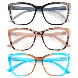 DXYXYO Oversized Reading Glasses for Women, 3 Pack Big Cat Eye Blue Light Blocking Readers with Spring Hinge 2.0 Leopard+Brown+Blue