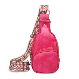 FANDARE Sling Bag for Women PU Leather Chest Crossbody Pack Sling Chest Belt Bag with Adjustable Wide Strap Multipurpose Fanny Packs for Outdoors Workout Traveling Hiking Shoulder Bag Rose Red