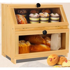 Bamboo Bread Box for Kitchen Countertop, Large Bread Storage Container Bin 2 Layer Breadbox Holder for Kitchen Counter, Cabinet, Pantry, Cupboard (Natural)
