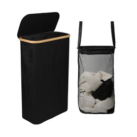 ErraLife Slim Laundry Hamper with Lid, 60L Capacity, Bamboo Handles, and Steel Ring Removable Inner Bag - Collapsible Clothes Basket Laundry Organizer for Bedroom, Bathroom, Dorm, Black