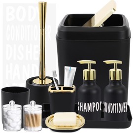XLHOMO Black Bathroom Accessories Set - 10 Piece Bathroom Accessory Set with Trash Can, Soap Dispenser, Soap Dish, Toothbrush Holder and Cup, Toilet Brush, Qtip Holder, Bathroom Decor Sets Complete