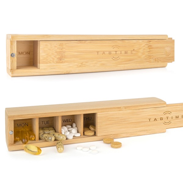 TabTime Bamboo Weekly Pill Box, 7 Day Tablet Organizer, Perfect for Vitamins, Pills and Supplements