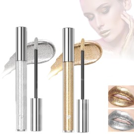 Mikabila Glitter Lipstick Metallic Shiny Glossy, Lip Gloss Metallic Diamond Lipstick Liquid Sparkle Shimmer Lipstick Nonstick Bowls Makeup Lip Gloss (Silver White + Golden)