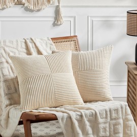 Fancy Homi 2 Packs Tan Decorative Throw Pillow Covers 18x18 Inch for Living Room Couch Bed, Rustic Farmhouse Boho Home Decor, Soft Corss Corduroy Patchwork Textured Square Beige Cushion Case 45x45 cm