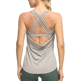 icyzone Womens' Open Back Workout Athletic Yoga Tank Tops with Built in Bra (Natural Grey, L)
