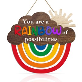 OLMIXA Rainbow Wooden Sign, 12.2x11.5 inch Inspirational Quote Hanger, Colorful Decorative Hanging Sign for Nursery, Playroom, Classroom, School Decor