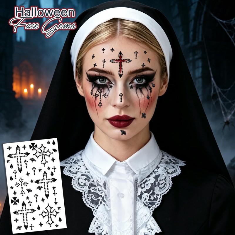 6Sheets Spider Face Gems Black Face Jewels for Women Halloween