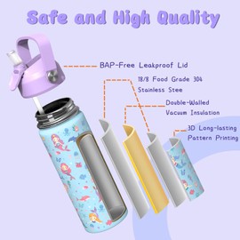 ACESAK 18oz Kids Insulated Water Bottle with Straw Lid - 18/8 Stainless Steel Kid Cup BPA-FREE Travel Tumbler Double Wall Vacuum Leak Proof Portable Toddler Water Bottle for School (Mermaid)