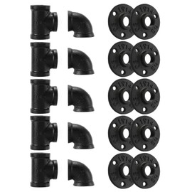 1/2" Black Pipe Fitting, Home TZH 20 Pack Floor Flange/Elbow/Tee Combo for Industrial vintage style, Flanges/Elbow/Tee with Threaded Hole for DIY Project/Furniture/Shelving(20, Black 1/2")
