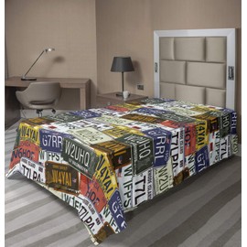 Ambesonne USA Flat Sheet, Retro American Auto License Plates Utah America Rhode Island North Carolina Print, Soft Comfortable Top Sheet Decorative Bedding 1 Piece, Twin Size, Green White