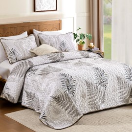 Dinjoy Quilts Queen Size, Queen Quilt Bedding Set with Double Sided Leaf Pattern, Floral White Quilt Set 3 Pieces, Summer Quilt Queen Size for All Seasons with 2 Pillow Shams（Bedspreads 96"*90"）