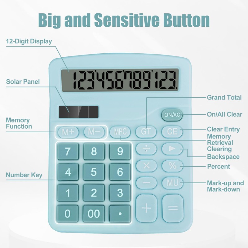 HUTUDD Desktop Calculator, Light Blue Calculator Big Buttons, 12-Digits Large