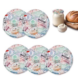 Travel Stamp Sourdough Starter Cloth Covers, Retro Labels Fermentation Fabric Lids, Fits 3-4 Inch Jar Mouths, 5-Pack