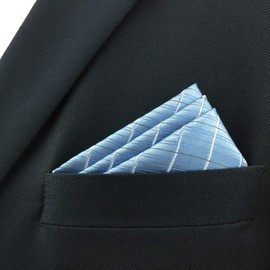 S&W SHLAX&WING Extra Large Men's Pocket Square Blue Azure Check Formal Use Silk, blue