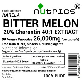 Nutrics® 26,000mg (per Capsule) Bitter Melon Extract 90 V Capsules - 20% CHARANTIN Strong One A Day - KARELA Bitter Gourd 100% Pure - No Additives (90 V Capsules (3 Months Supply)) (90)