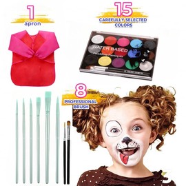 Children's Make-Up Set, 15 Colours Face Paints, Children's Make-Up, Carnival Make-Up, Body Painting Colours with 7 Brushes and Red Apron for Christmas, Carnival, Easter