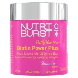 Nutriburst Biotin Power Plus - Biotin (2500mcg) + Liposomal Vitamin C for Healthy Hair & Glowing Skin - Strawberry Flavour - 60 Gummies 1 Month Supply - Suitable for Vegans