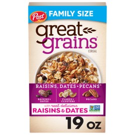 Post Great Grains Raisins Dates and Pecans Breakfast Cereal, Raisin Cereal with Sweet Dates and Granola Clusters, Non-GMO Project Verified, 19 OZ Box