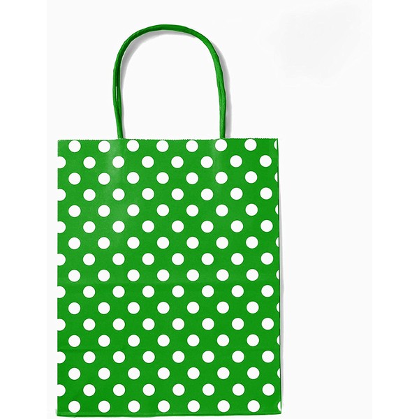 12CT Medium Green Polka DOT Biodegradable, Food Safe Ink & Paper, Premium Quality Paper (Sturdy & Thicker), Kraft Bag with Colored Sturdy Handle (Medium, P.Green)