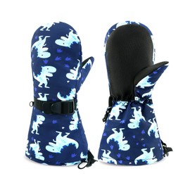 SEYUFN Kids Winter Gloves Breathable Warm Outdoor Skiing Gloves for Baby Boys Girls 2-6 Years (Navy Dinosaur, 4-6 Years)