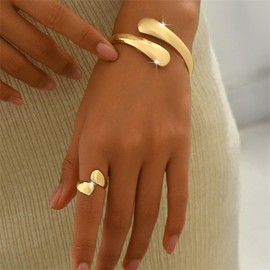 Annpro Gold Chunky Cuff Bracelet with Ring Jewelry Set for Women Minimalist Wide Open Bracelet Simple Punk Snake Wrist Cuff Trendy Statement Jewelry (Style-A)