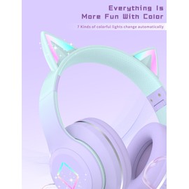 LiberIntone Kids Bluetooth Headphones,Cat Ear LED Light Child Wireless Headphones with Mic,Adjustable Headband,TF Card,Foldable Bluetooth Stereo Over-Ear Kids Headsets for Boys Girls Adults (Purple)