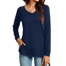 TAOHUADAO - Blusa de Trabajo de Gasa con Cuello en V y Manga 3/4 para Mujer, V/Azul Marino, X-Large