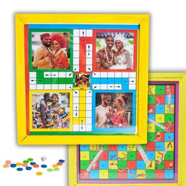Ludo Board Game | Ludu | Ludi | 14x14in Wood with Glass Top:_Double Sided