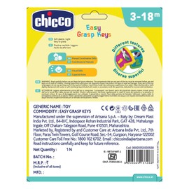 Chicco - Trillino Chiavi Afferrafacile, Mazzo di Chiavi Colorato, Facile da Impugnare e Leggeri, Esperienza Tattile e Stimolazione Gengive, 3-18 Mesi