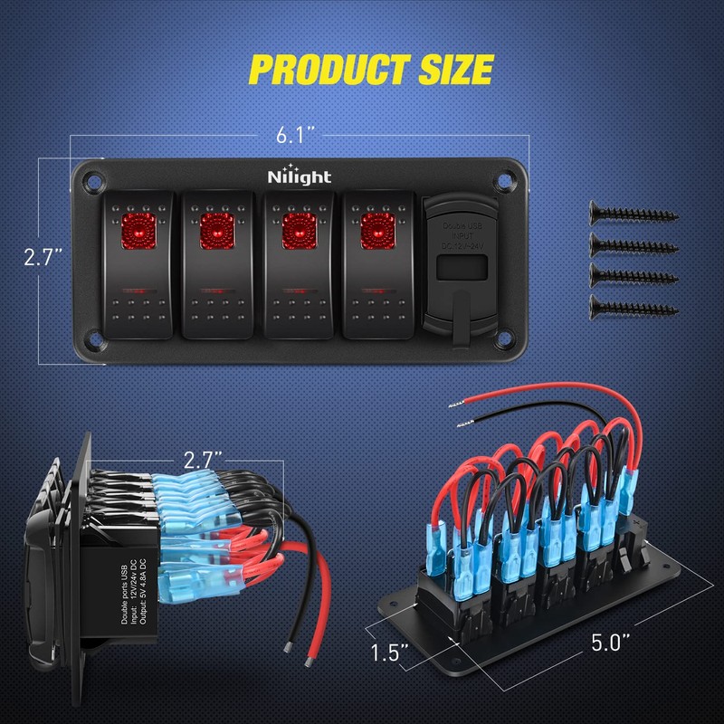 Nilight 4 Gang Rocker Switch Panel Red Backlit with 4.8