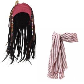 Adult Pirate Captain Dreadlock Wig Set Bandana Sash Braid Beads
