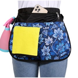 Bafelia Small Size Cleaning Caddy Apron for Women with 5 Pockets, Professional Waterproof Cleaning Supplies for Housekeepers (1, Blue Leaves, Small)