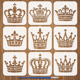 FINGERINSPIRE 9Pcs Crown Painting Stencil with Brush 15x15cm Queens Princess Art Stencils Reusable King Crown Template Plastic Stencils for Painting on Wood Wall Floor Fabric Furniture DIY Crafts