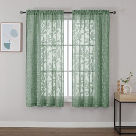 OVZME Sage Green Sheer Curtains 63 inches Long 2 Panels for Living Room, Jacquard Clip Leaf Pattern Textured Light Filtering Window Semi Sheer Voile Drapes for Bedroom, Each Panel 42 x 63 Inch
