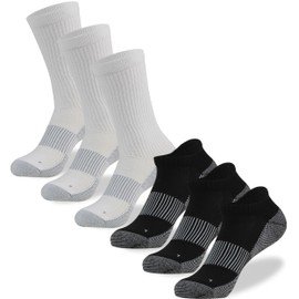 FOOTPLUS Thick Cushioned Tennis Running Socks,Unisex Breathable Long Copper Infused Athletic Running Hiking Golf Mountain Climbing Cycling Marathon Socks,3 Ankle Black&3 Crew White, XX-Large