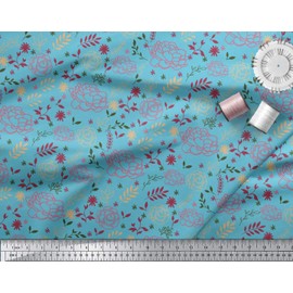 Soimoi Blue Heavy Satin Fabric Leaves & Flower Floral Fabric Prints by Yard 54 Inch Wide