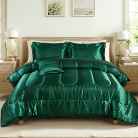 Bedding_Dreamer Satin Comforter Set with Sheet Set Queen Silk Like Green Bed in a Bag 8 Pieces Luxury Silky Sheet Set with Comforter Set with 1 Cushion Cover (Queen, Blackish Green)