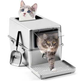 Maxdot Stainless Steel Litter Box with Lid, Large Enclosed Metal Kitty Litter Box with Scoop and Mat, Front Entry Top Exit, Odor Control, Non-Sticky, Easy to Clean, 23.6 x 15.7 x 15.7 Inches