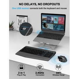 Wireless Keyboard and Mouse Combo, Ergonomic Keyboard with Wrist Rest, Phone Holder, Sleep Mode, 2.4G Lag-Free Rechargeable Compact Silent Cordless Keyboard Mouse for Windows, Mac, PC (Grey Black)