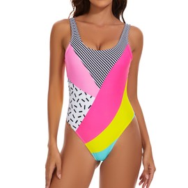 MIAIULIA Women's Retro 80s/90s Inspired High Cut Low Back Padding One Piece Swimwear Bathing Suits Color Block Rose S