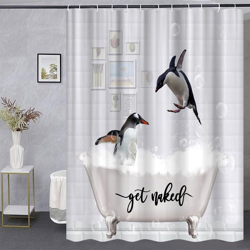 WUASDCS Funny Penguin Shower Curtain Cute Animals in Bathtub Bubble