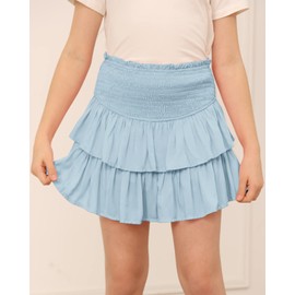 Newffr Minifalda corta con volantes fruncidos para niñas con cintura alta elástica escalonada y pantalones cortos debajo, Azul-cielo, 11-12 Años