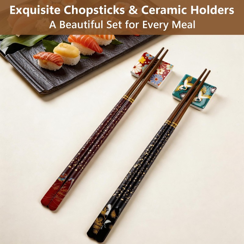 Antner 2 Pairs Reusable Wooden Chopsticks with 2PCS Ceramic Rests