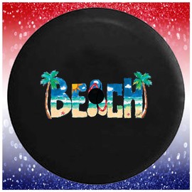 Spare Tire Cover - Tire Accessories for SUV's, Campers, RV's, Trucks, and More | Beach Sign Palm Trees Black 32 Inch with Backup Camera Hole