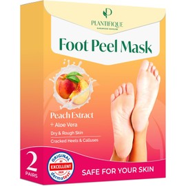 Plantifique Foot Peel Mask – 2 Pairs Exfoliating & Dermatologically Tested Foot Treatment, Removes Dead Skin, Calluses & Repairs Cracked Heels for Soft, Smooth Feet – Peach Scent Spa Care, Perfect Gift for Women & Men