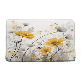 ZNLSU Yellow Flower Bath Mat Rustic Farmhouse Watercolor Yellow Floral Gray Leaves Modern Romantic Nature Plant Vintage Bathroom Decor Rug Doormat Kitchen Toilet Floor Rug,17.8x29.5 Inch