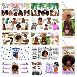 UV DTF Cup Wraps for Glass Cups 16 oz, 10 Sheets Cup Rub on Transfers for Crafts, Cute Black Girls Cup Wrap Transfer Stickers Cup Decals Bulk for Libbey Cups Tumblers Wood Furniture