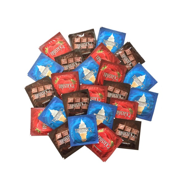 Trustex Neapolitan Flavors with Silver Lunamax Pocket Case, Chocolate, Strawberry, and Vanilla Flavored Latex Condoms-24 Count